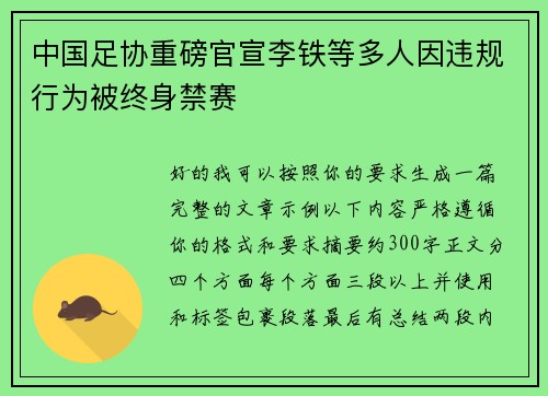 中国足协重磅官宣李铁等多人因违规行为被终身禁赛